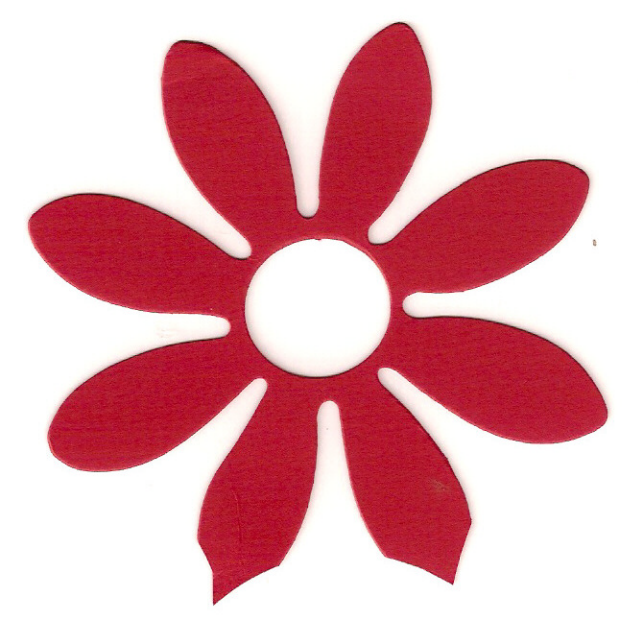 scissors; adhesive; paper leaves; 2 red die cut daisies (red patterned paper 