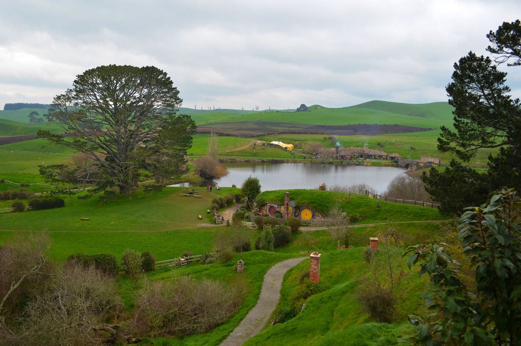 Looking down from Bag End, you can see the yellow door of Samwise Gamgees' house