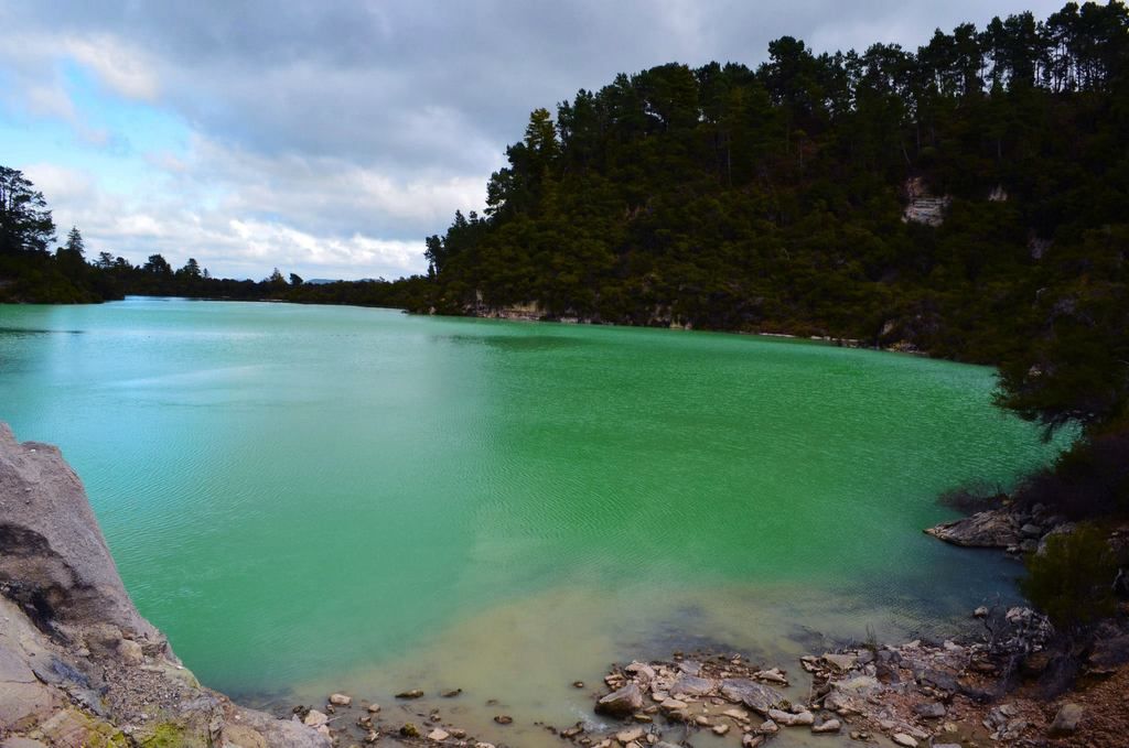 The vibrant greenish-blue lake
