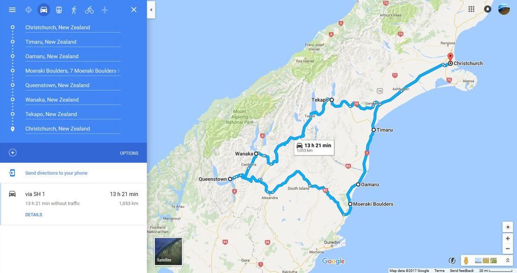 My route on the South Island, minus the bus to Milford Sound